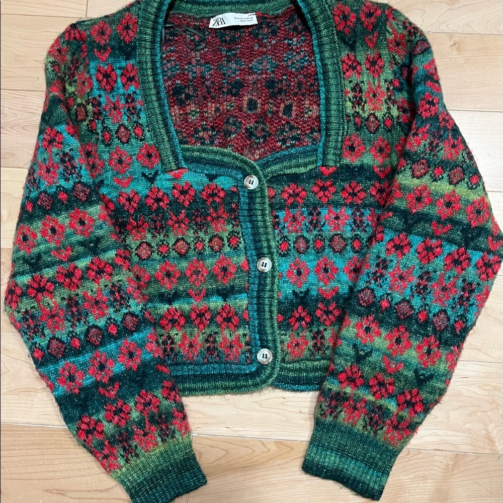 Zara knit jacquard square neck floral cardigan